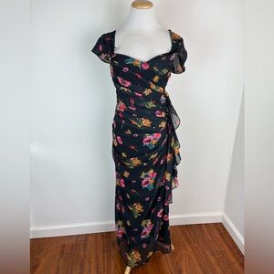 Staud Floral Print Ruched Midi Dress Black Size S